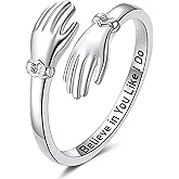 ZOEXUE S925 Sterling Silver Hug Rings for Women Adjustable Hugging Hands Ring with Gift Box & Card Hugs Thumb Band Jewelry Birthday Gifts for Granddaughter Daughter Mom Sister Friends