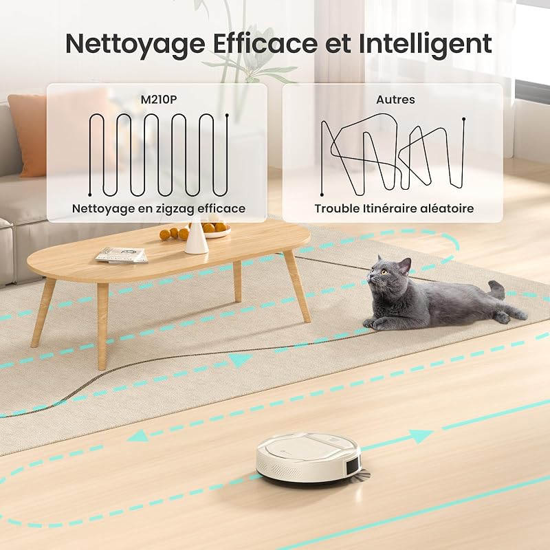 Aspirateur Robot Mince 2200Pa, Silencieux 55dB, Connecté avec WiFi/Bluetooth/Alexa/App, 120min d'Autonomie, Auto-Charge, Idéal pour Poils d'animaux Sols Durs, M210P Champagne