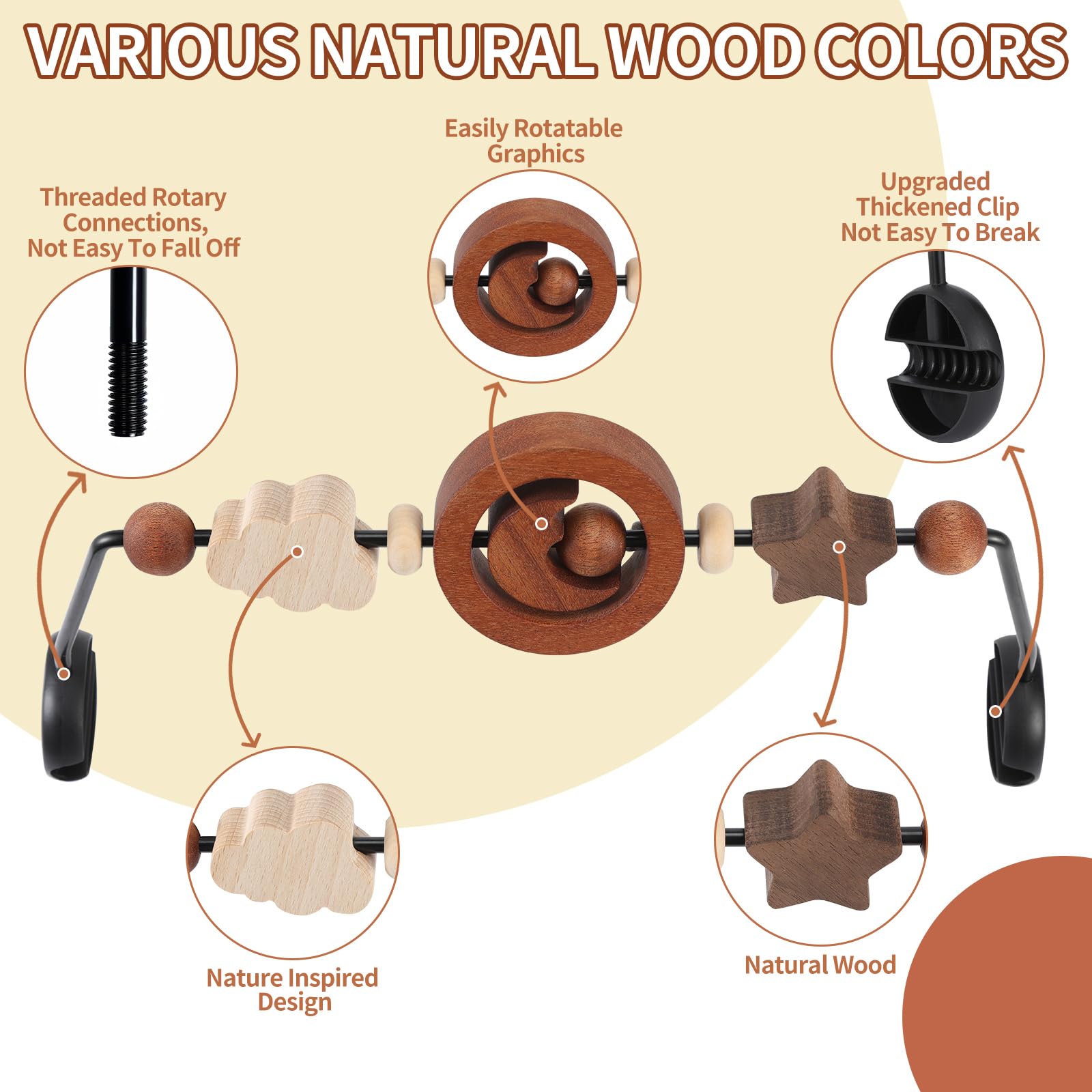 Toy Bar Compatible with Baby Bjorn Bouncer Toy Bar for Baby Bouncer, Durable Wooden Baby Bouncer Toy Bar Attachment, Rotatable Baby Sensory Toy (Natural Wood Colors)