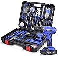 112 Piece Power Tool Combo Kits with 21V Cordless Drill, Professional Household Home Tool Kit Set with DIY Hand Tool Kits for Garden Office House Repair Maintain-Blue