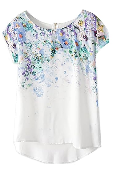 Zeagoo Fashion High Low Vintage Floral Print Short Sleeve Casual Top Blouse,X-Large,White High Quality