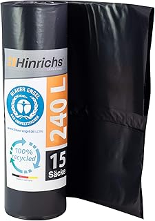 Hinrichs 240L Müllsäcke - extrem reißfest - 15er Rolle - Abfall-Säcke XXL Abfallbeutel - 70 µ - 100x125 cm - LDPE - perfekte Müllentsorgung für Haushalt Garten Gewerbe Baustelle - schwarz (1 Rolle)