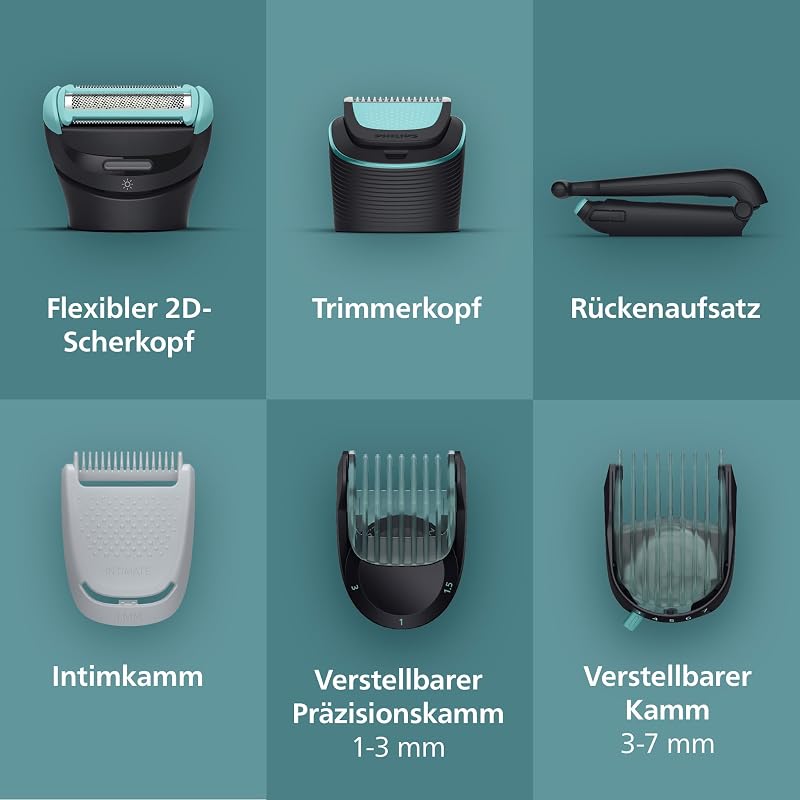 Bodygroom Series 7000 – Trimmer für Männer, flexiblem 2D-Scherkopf Dreifachschutz -austauschbare Scherköpfe, Nutzung im Intimbereich, 100% duschfest, 120 Min. Laufzeit, Modell BG7480/15