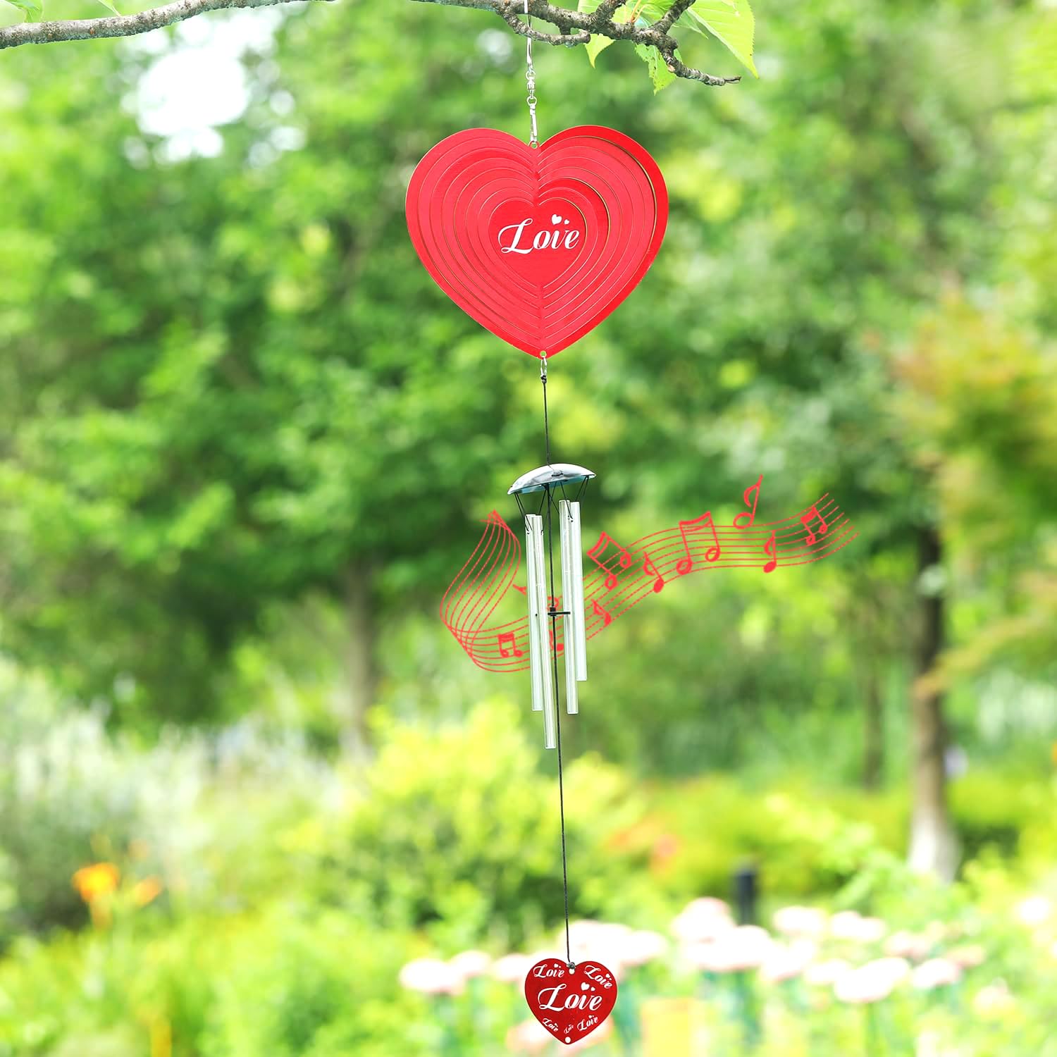 Heart Wind Chimes with Spinners for Outside, Outdoor Hanging Decor for Garden Patio Backyard Porch, Memorial Windchimes, Gifts for Women Moms Friends Teachers Sympathy Retirement, Red