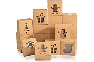 KPOSIYA 36 Pack Christmas Cookie Boxes for Gift Giving, 4x4x2.5 Inch Brown Bakery Box With Window, Large Holiday Cookie Tins With Lids, Small Xmas Treat Box for Pastry Dessert Cupcakes Packaging