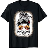 Leopard Messy Bun Hair Woman Motorcycle Life Biker Girl T-Shirt