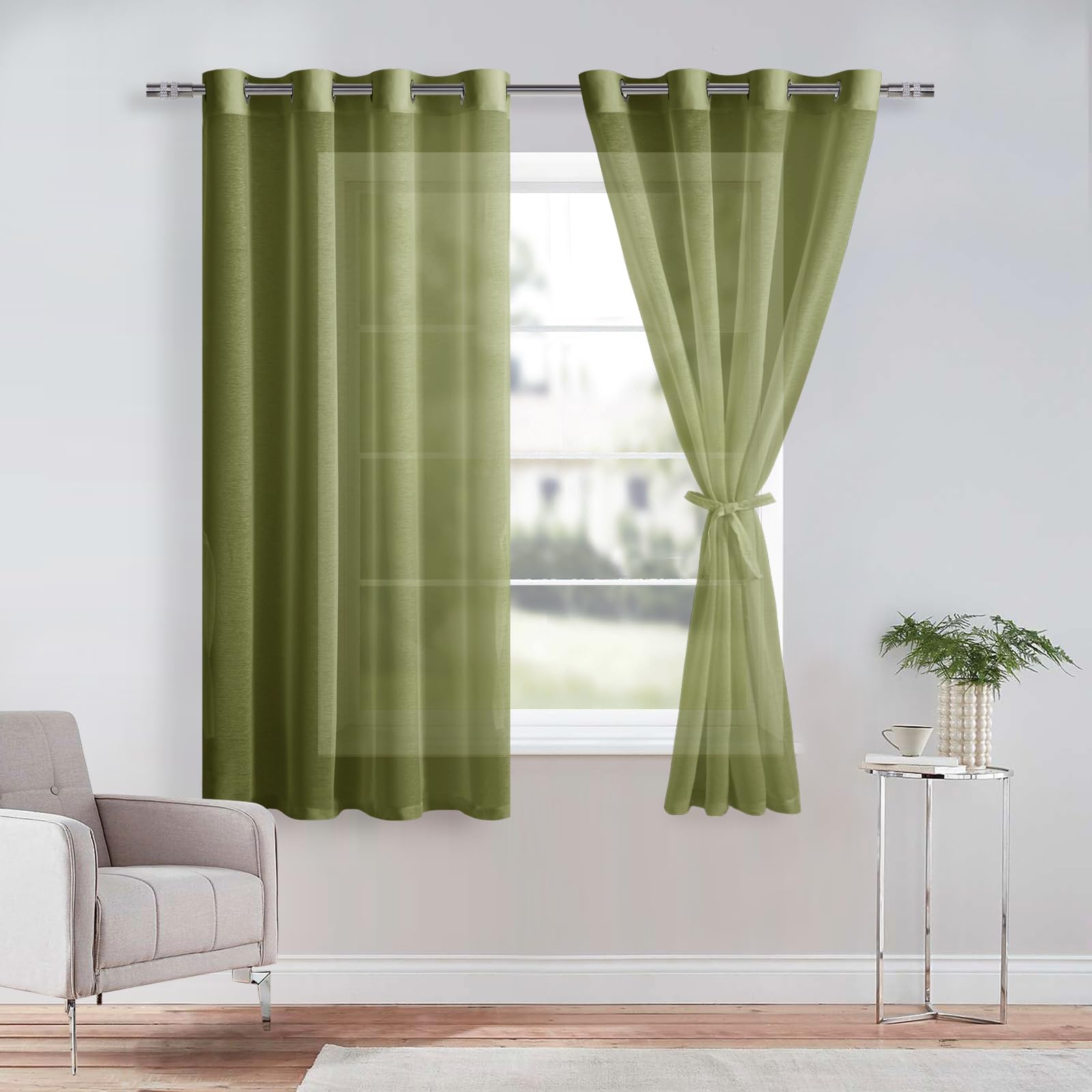 DWCN Green Sheer Curtains with Tiebacks Christmas Curtains Semi Transparent Voile Grommet Window Drapes for Bedroom and Living Room,2 Panels,W52 x L63