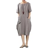 Minibee Women's Linen Tunic Dress Summer Short Sleeve Casual Kaftan Flowy Midi Dresses with Pockets