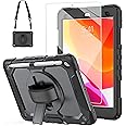 BLOSOMEET Case for iPad 9th/8th/7th Generation 2021/2020/2019 10.2 Inch with Tempered Glass Screen Protector & Pencil Holder,Protective Kids iPad 10.2 Case Cover w/Stand Hand Shoulder Strap,Black