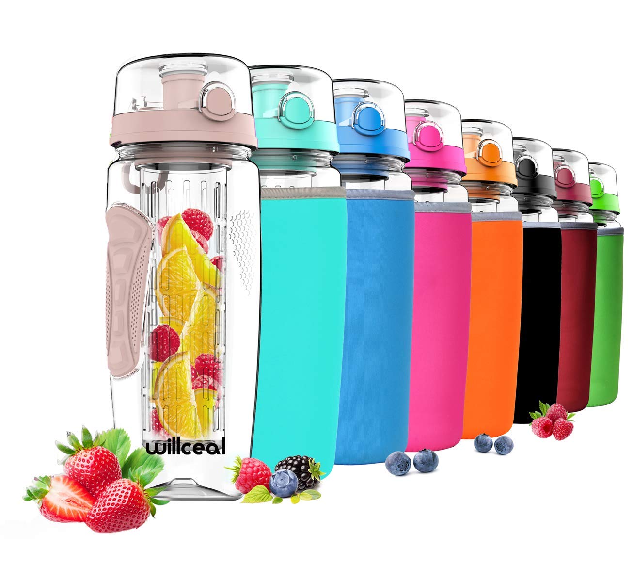 willceal Fruit Infuser Water Bottle 32oz Durable, Large - BPA Free Tritan,Flip Lid, Leak Proof Design - Sports, Camping (Rose Gold)