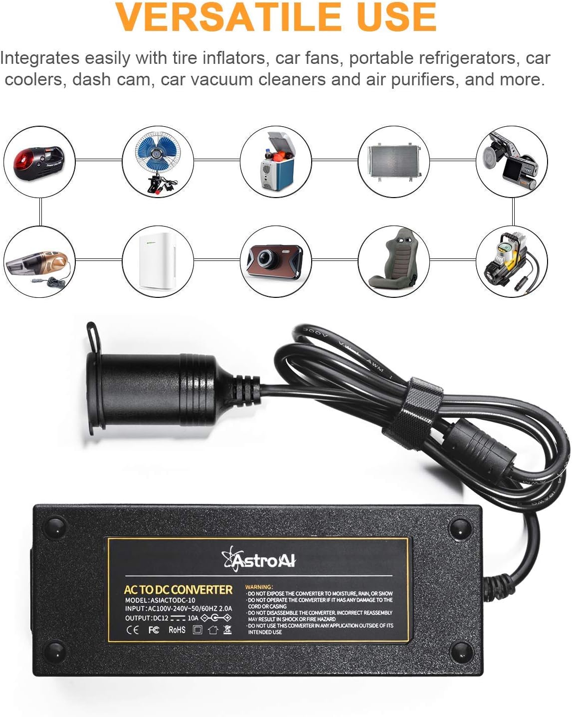 AstroAI AC to DC Converter, 10A/110Vto12V DC/120W/7.78FT, Car Cigarette Lighter Socket AC/DC Power Supply Adapter Transformer for Inflator, Car Refrigerator, and Other Car Devices: Automotive