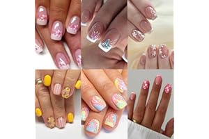 CTTHNBD 6 Packs (144 Pcs) Press on Nails Square, Flower Press on Nails Short, French Tip Press on Nails Medium, Flower False Nails, Glue on Nails, Gel Fake Nails for Women, Stick on Nails 12 Sizes-6 Styles