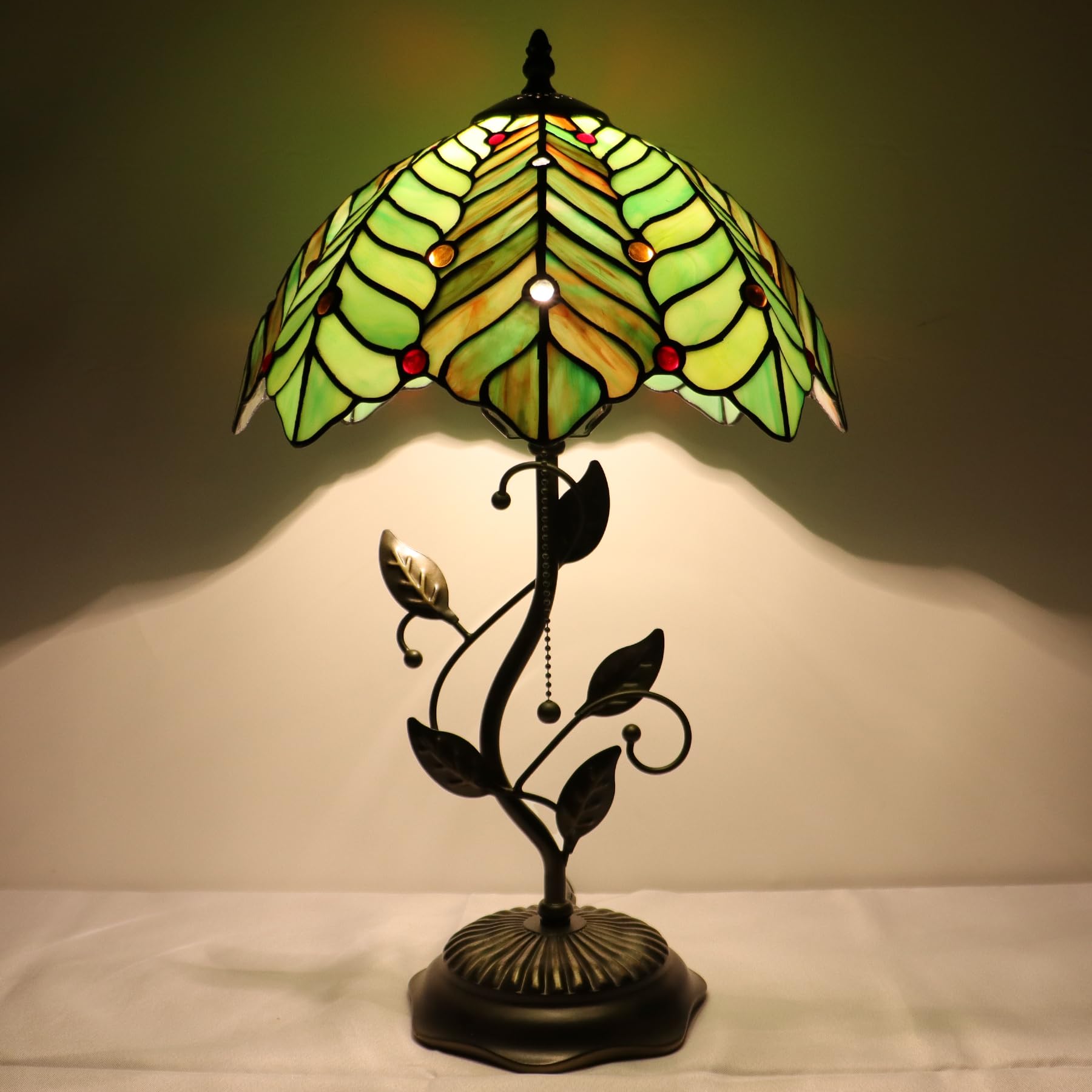 Photo 1 of ***MINOR DAMAGE TO TOP*** LXHCYOU Tiffany Table Lamp, Stained Glass Desk Light, W12H19 Inch, Metal Leaf Base (Brown Green Leaf)
