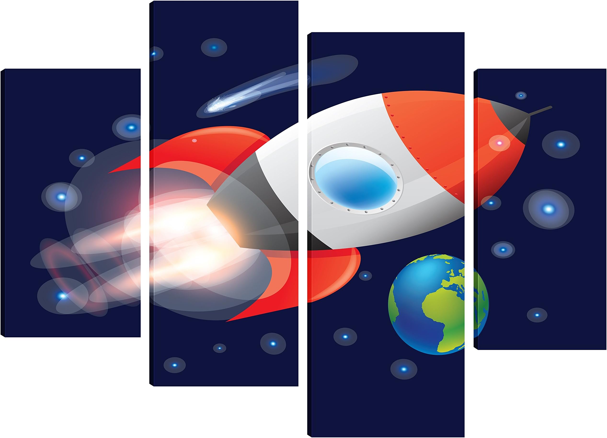 A Rocket Shooting Past Planet Earth In Space- Canvas Art For Children's room - 4 Split Panel Design 71cm x 101cm - FREE HANGING KIT INCLUDED