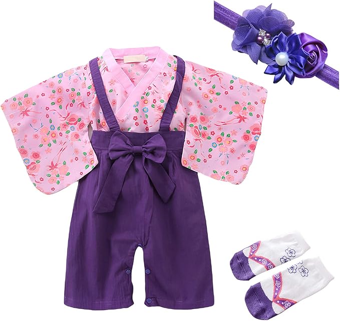 Amazon Co Jp Yilaku ベビー服 女の子 袴風ロンパース お食い初め 初節句 出産祝い 靴下つき ヘアバンドサービス 女の子 浴衣着物 70 80 90 95 服 ファッション小物