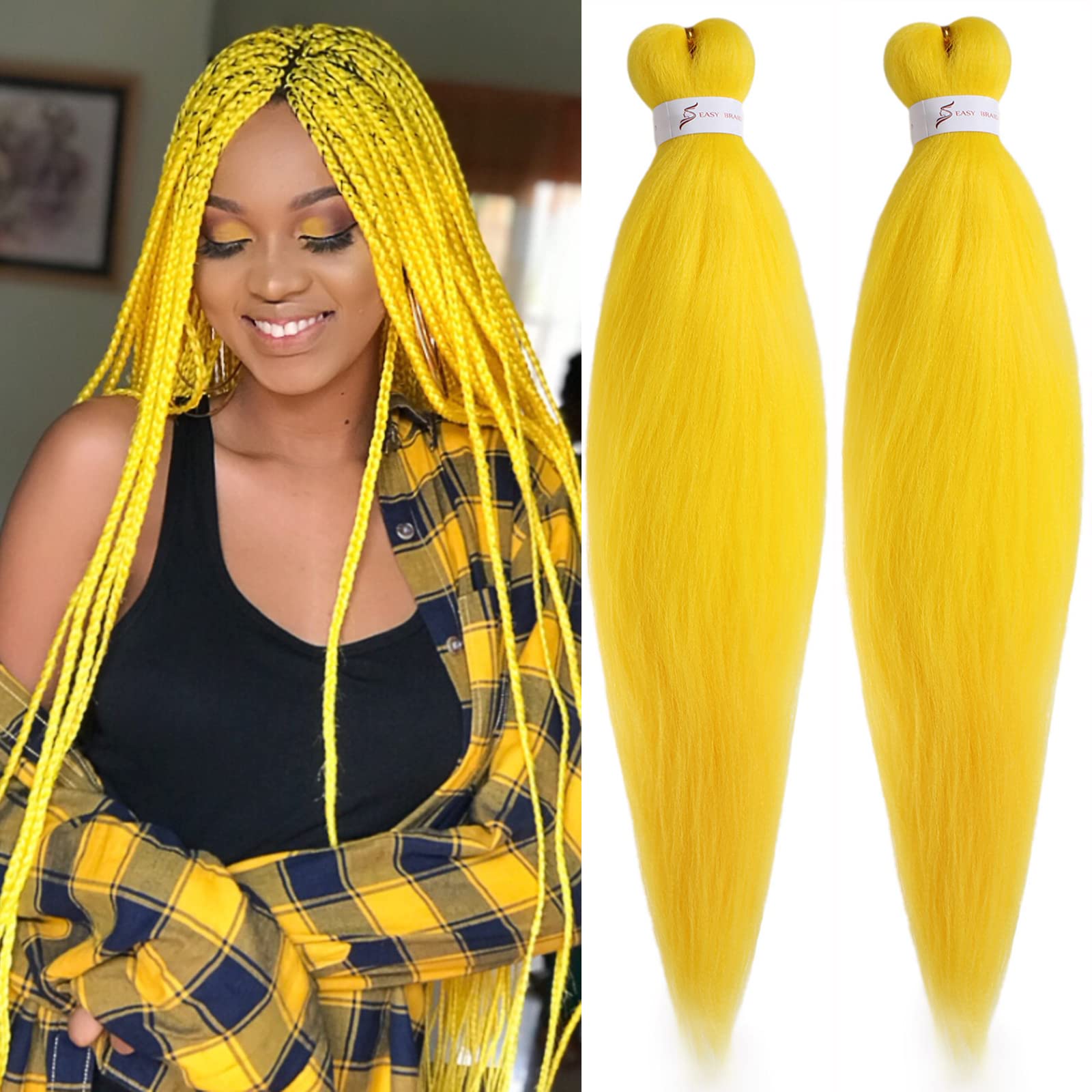 Photo 1 of Unionbeauty 26 Inch Pre Stretched Braiding Hair 2 Packs Yellow Braiding Hair for Box Braids Hot Water Setting Easy Braid Yaki Texture EZ Braids Synthetic Hair Extensions Crochet Bradids Hair (YELLOW#)