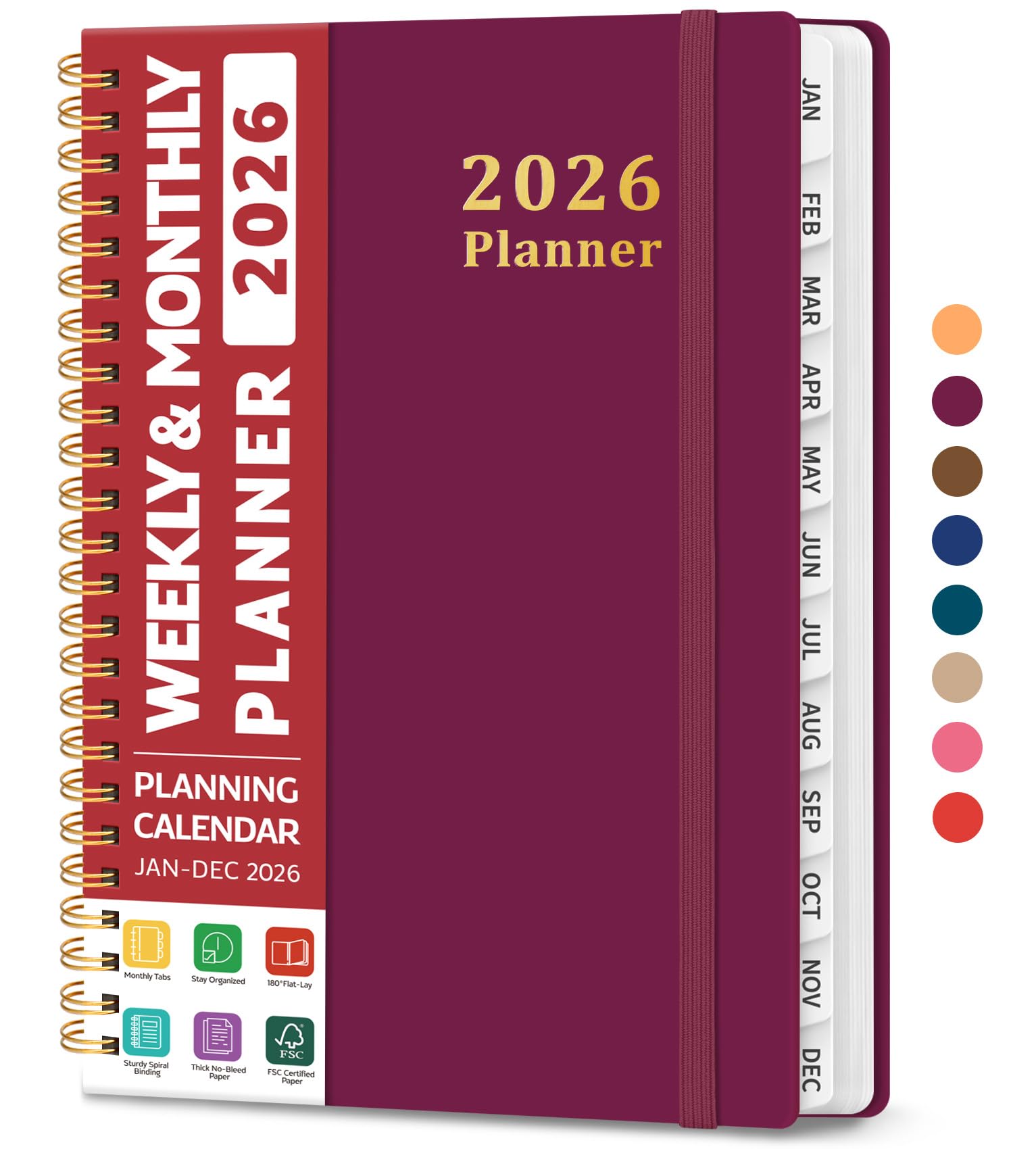 Photo 1 of 2026 Planner, Weekly and Monthly Calendar Planner, January 2026 - December 2026, Hardcover 2026 Calendar Book with Tabs For Women & Men, Inner Pocket, Spiral Bound, Perfect for Office Home School Supplies - A5 (6.3" x 8.5"), Crabberry Red