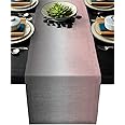LeoHome Ombre Cotton Linen Rectangle Table Runners 18''x72'', Gradient Pink and Grey Luxury Table Runners for Wedding Party Banquet Dinner Decor