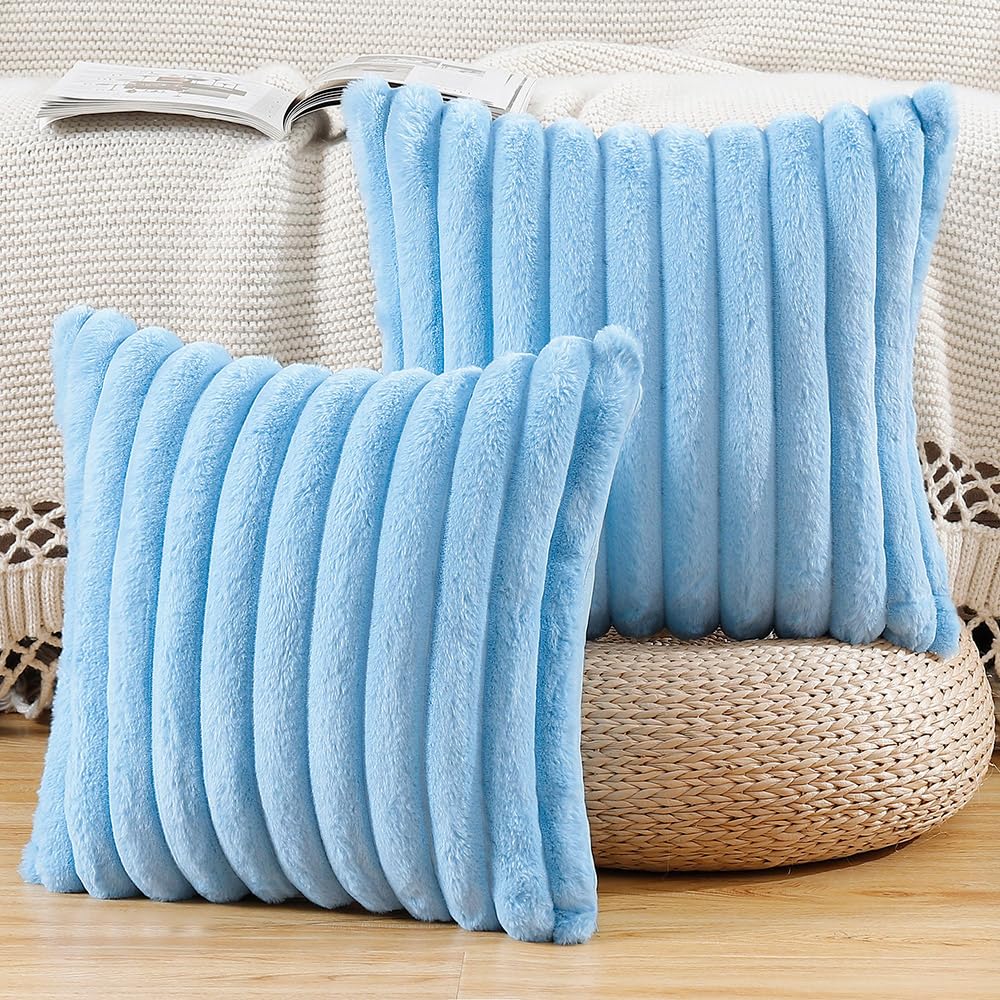 Madizz Set of 2 Faux Fur Decorative Cushion Covers 22x22 inch, 55x55 cm, Light Blue Soft Couch Throw Pillows for Bed Modern Pillowcases for Sofa Livingroom Home Decor — image 1