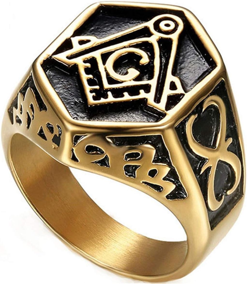 Ueice Men Retro Diamond Free-Mason Symbol AG Masonic Punk Gold Smeared Stainless Steel Rings