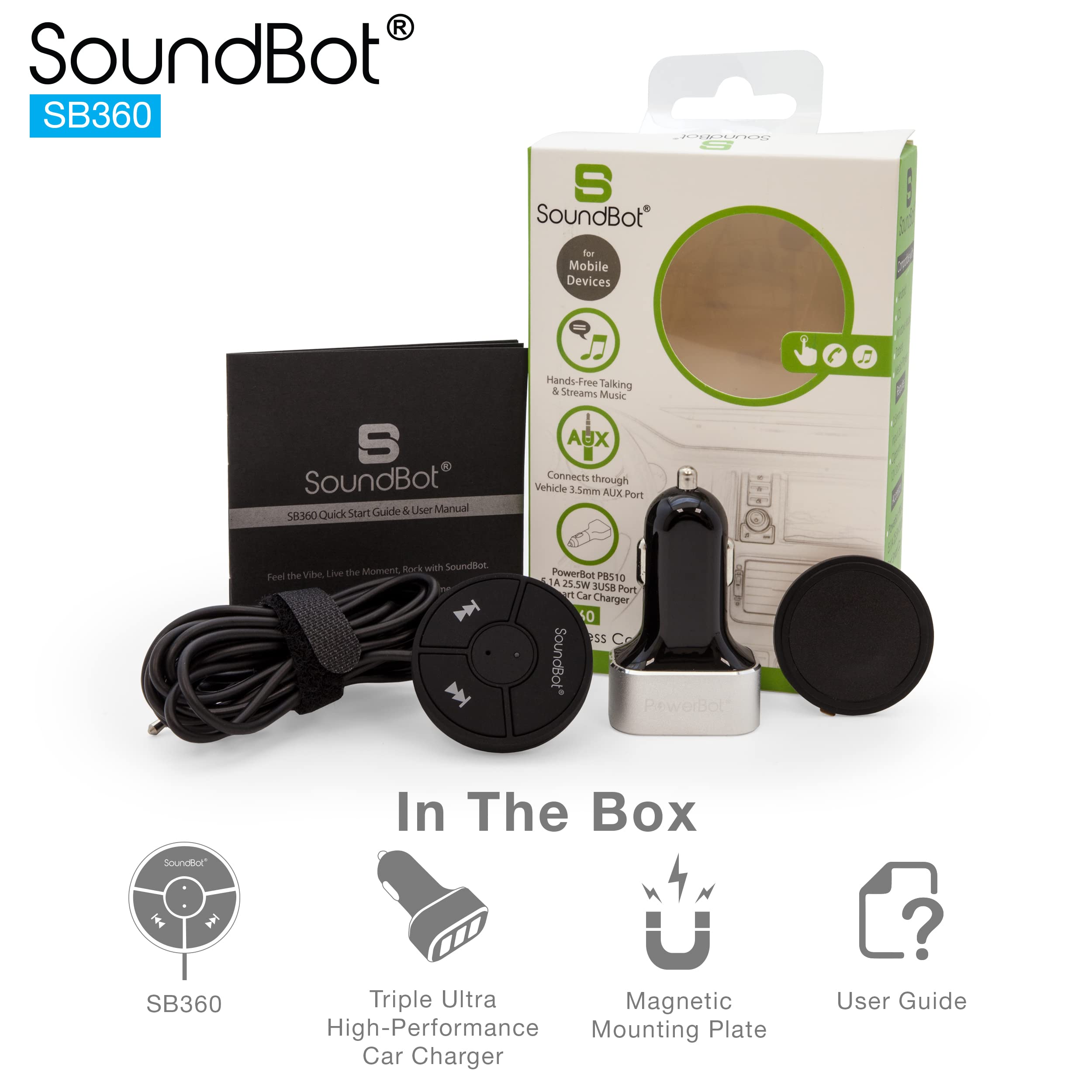 Soundbot SB360 Bluetooth Car Kit Wireless Universal Receiver Transmitter Hands-Free Talking & Music Streaming Dongle w/ 10W Dual Port 2.1A USB Charger + Magnetic Mounts + Built-in 3.5mm Aux Cable