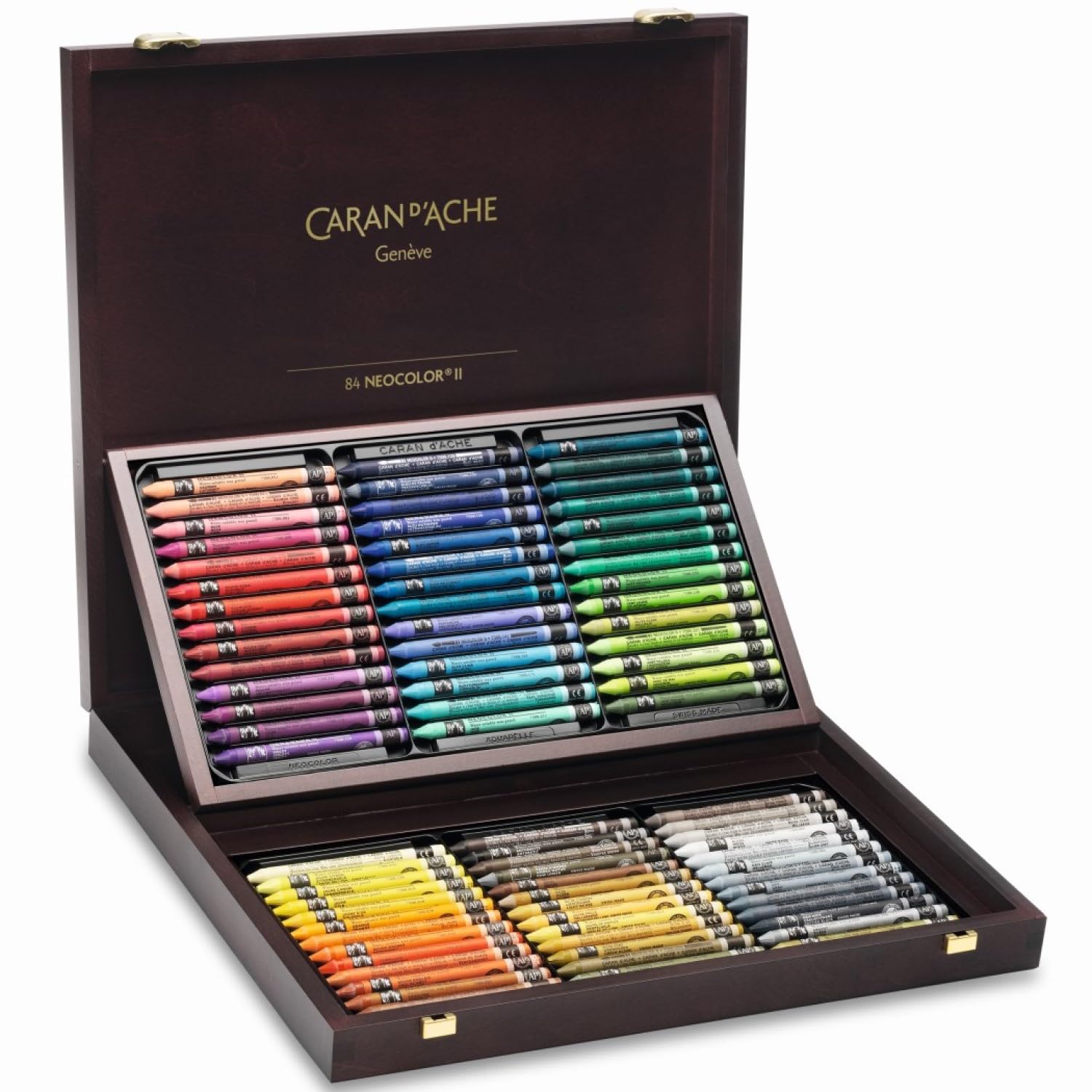 Caran d'Ache Neocolor II Aqua Wax Pastels, Multicoloured, Wooden Box of 84, Water Soluble Colour Wax Pastels For Professional And Hobby Artists