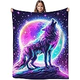 GNEW Galaxy Wolf Moon Blanket - Soft Plush Starry Star Sparkle, Unique Kids Birthday Gift, Blue Pink Galaxy Wolf, 50"x40"