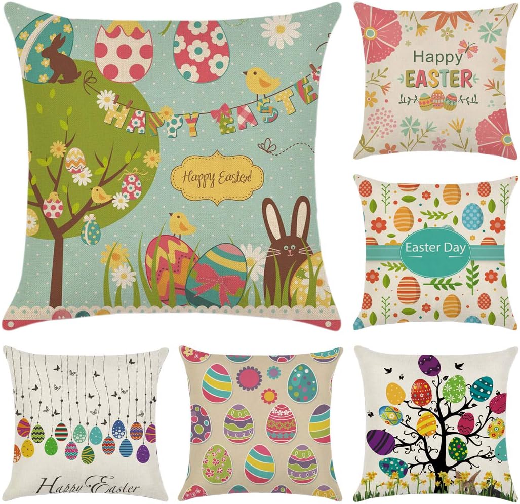 Faylapa 6 Pack Easter Bunny Throw Pillow Covers Spring Rabbit Egg Throw Cushion Cover Pillowcase Easter Home Decoration 18×18 Inches (45×45cm)(Case ONLY)