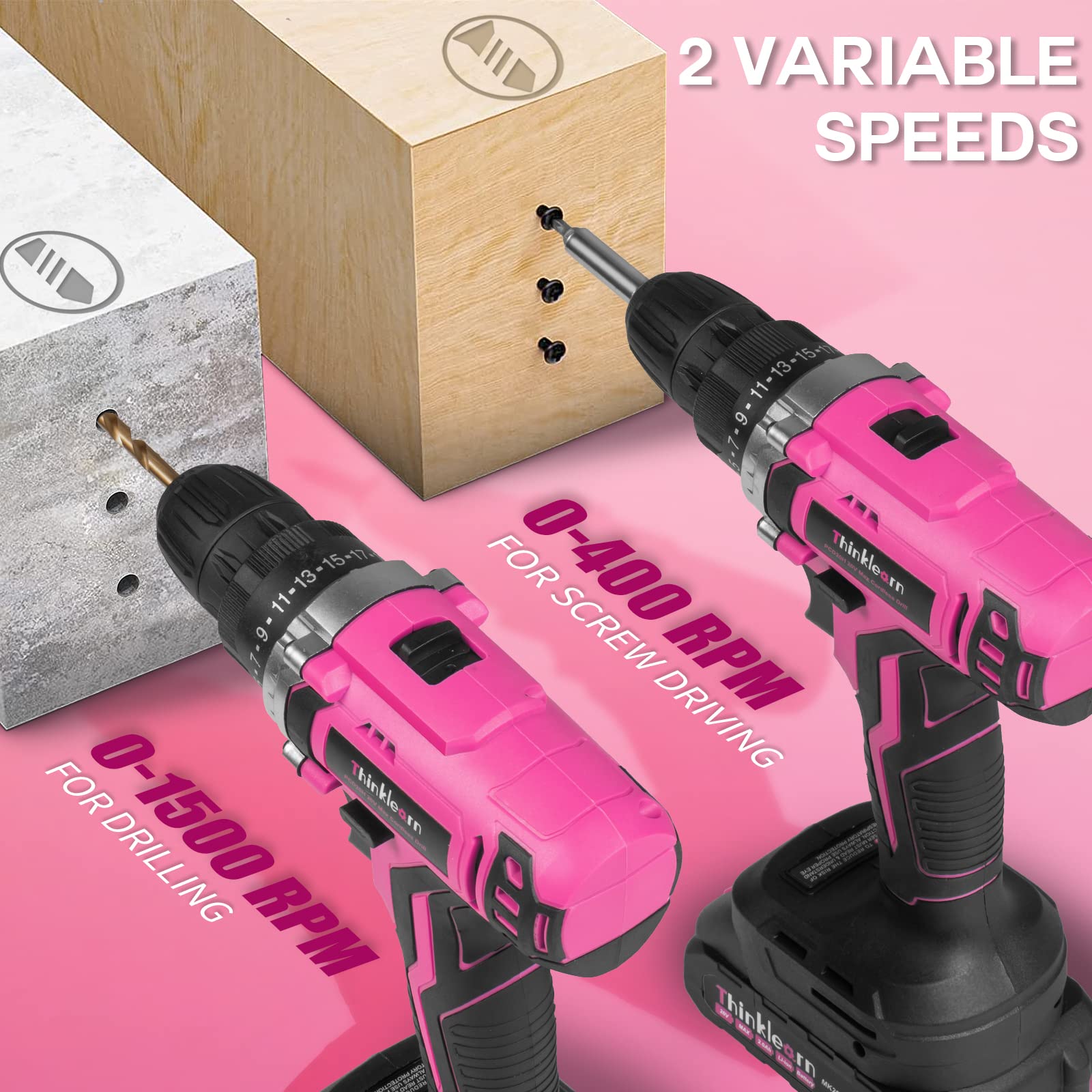 Pink Cordless Drill Set, 20V Lithium-ion Power Drill Set for Women with 67Pcs Driver Bits, 3/8