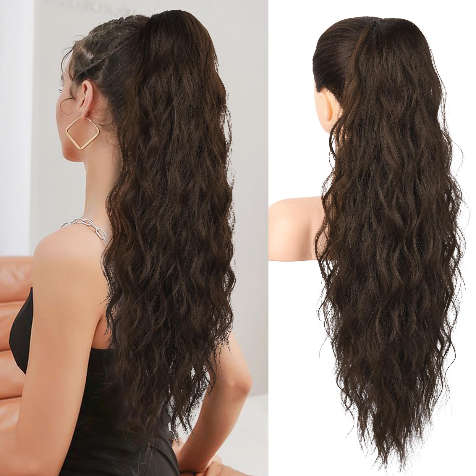 REECHO Ponytail Extension, 26" Long Beach Wave Drawstring Pony Hair Extension Synthetic Pony Tail Hairpiece for Women - Dark Chocolate Brown — image 1