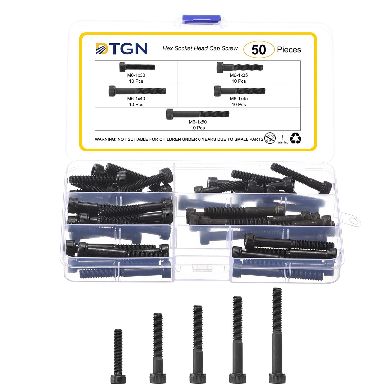 DTGN M6x1x30/35/40/45/50 Hex Socket Head Cap Screws Blots Assortment Kit - 50Pack - Good for Mountain Bike, Auto, Motorcycle - Carbon Steel Machine Screws Bolts - Black