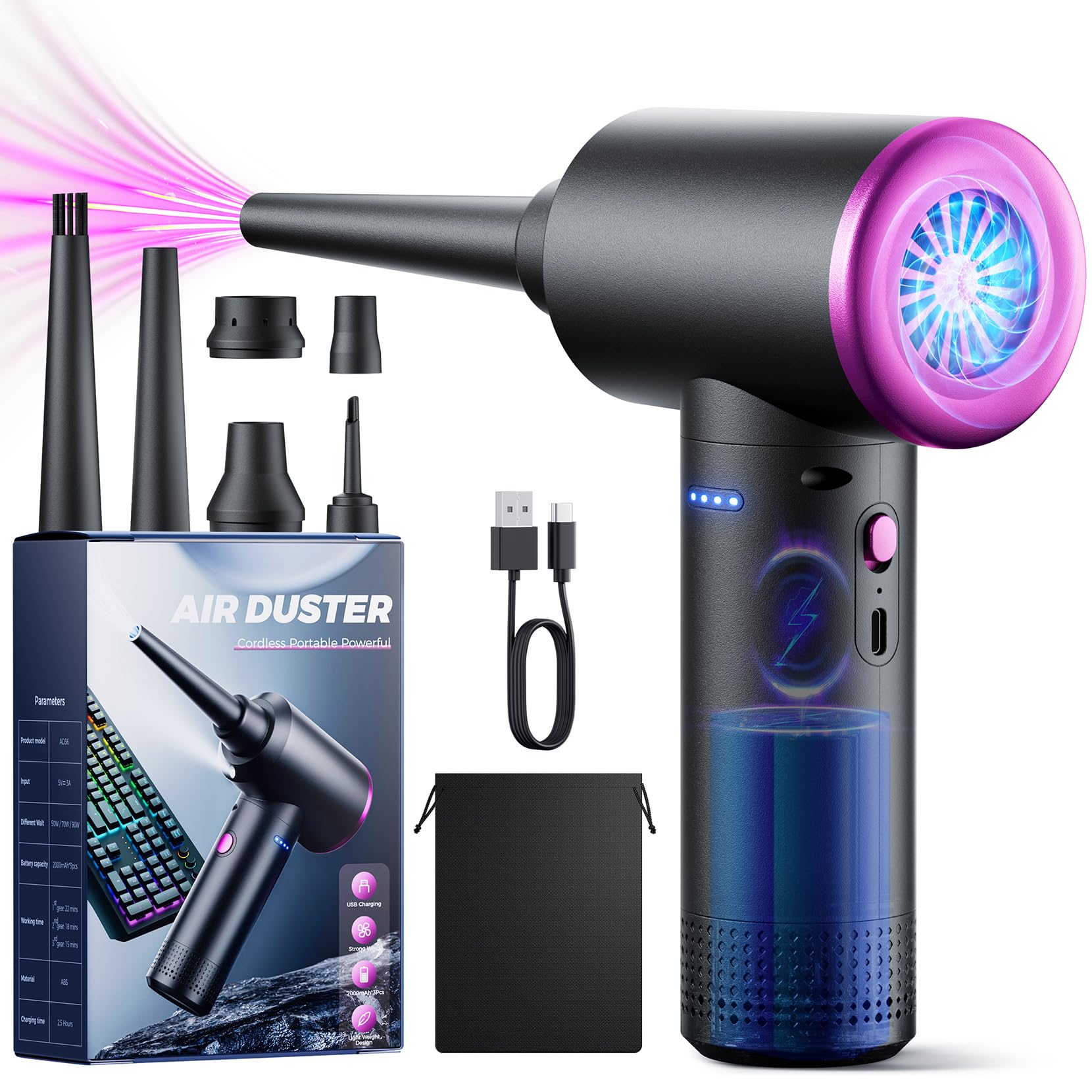 Evaline Compressed air Duster - 3 Gear Adjustable 100000RPM Electric with LED Light, Cordless Blower for Computer Keyboard Car Cleaning Kit 9000mAh Rechargeable Dust Remover, Black