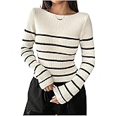 Verdusa Women's Striped Y2k Sweaters Fall Outfits Long Sleeve Boat Neck Knitted Pullover Crop Tops