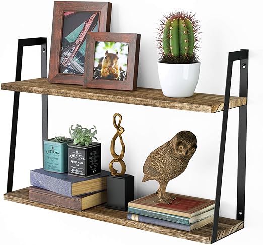 Amazon Com Floating Wall Shelves 2 Tier Rustic Wood Shelves For Bedoom Bathroom Living Room Kitchen Carbonized Black Furniture Decor