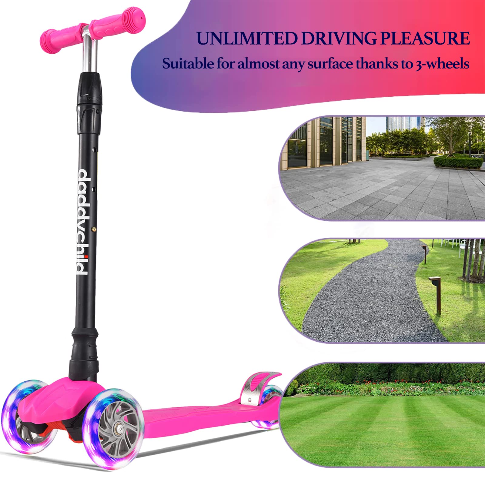 Kids Kick Scooter, 3 Wheeled Scooter for Kids, Child/Toddlers Toy, Adjustable Height, Anti-Slip Deck, Flashing Wheel Lights, for Boys/Girls 3-12 Year Old