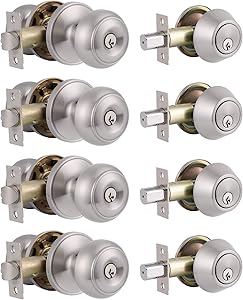 4 Set of Entry Door Knob and Single Cylinder Deadbolt Project Pack, Door Lockset for Home Entry Doors, Bedroom, Storeroom, Keyed Alike, Satin Nickel