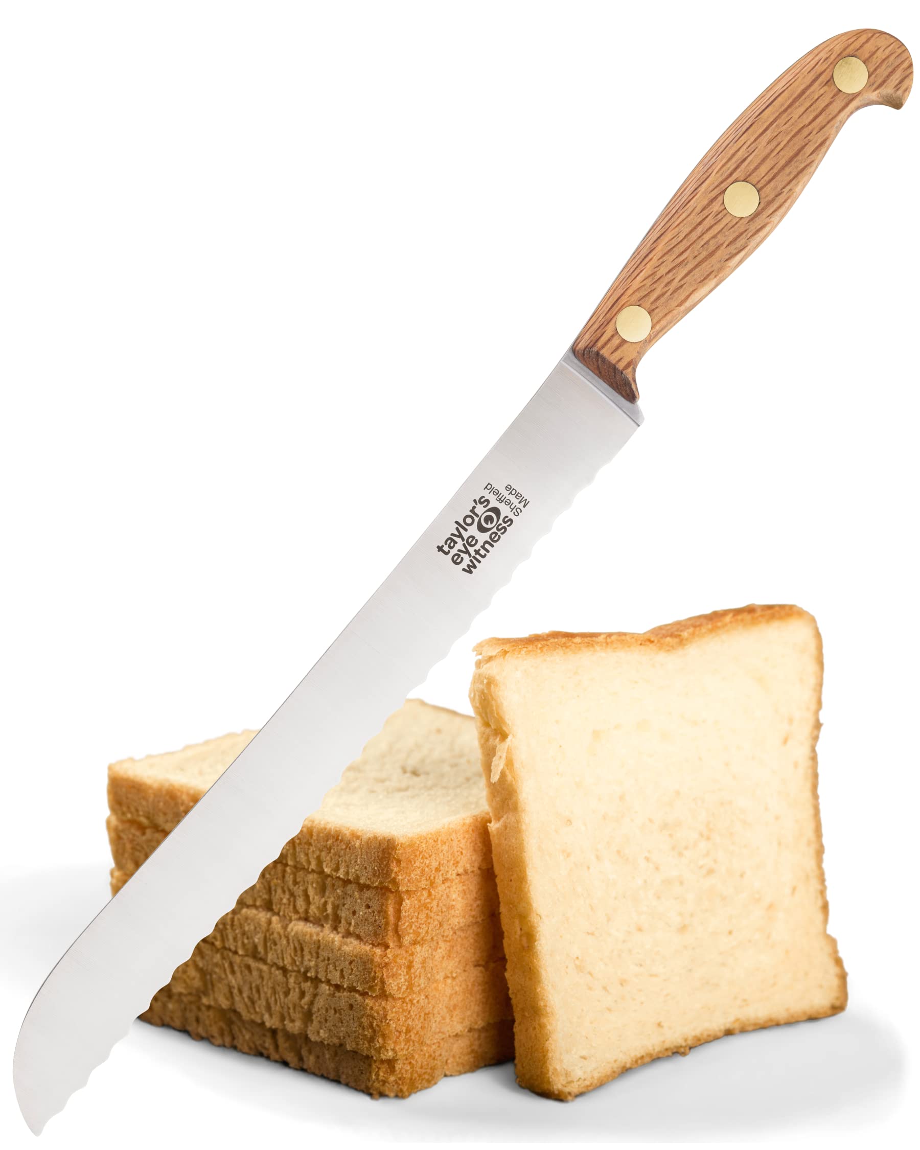 Heritage Oak 23cm|9in Bread Knife - Sheffield Made by Taylors Eye Witness. High Carbon Stainless Steel Razor Sharp Blade. European Oak. Ergonomically Designed Wooden Handle. Brass Rivets. Full Tang.