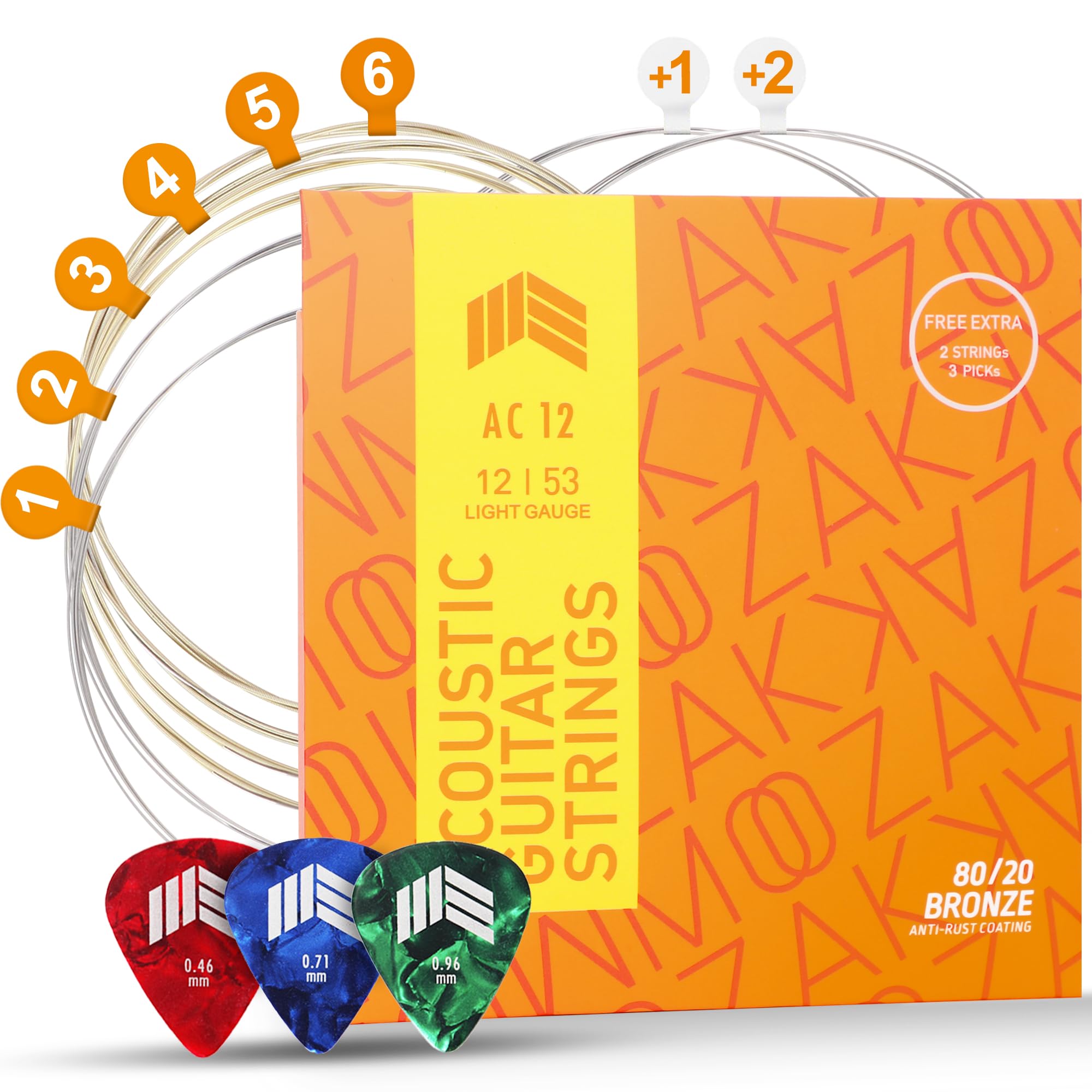 MOOZAK Acoustic Guitar Strings 80/20 Bronze, Light Gauge 12-53, Durable & Bright Tone Steel Strings, Extra 1st & 2nd String, 3 Picks Included – Ideal for Gifts & All Players — image 1