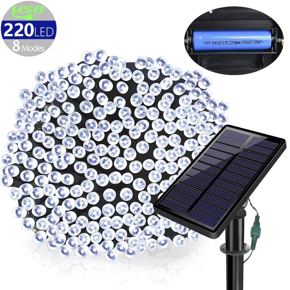Solarmks Outdoor String Lights Solar Fairy Lights 220 Led ,77 ft 8 Modes Solar Lights Outdoor Waterproof Decorative Lights for Outdoor Fairy Garden, Christmas Solar Tree Lights (White)