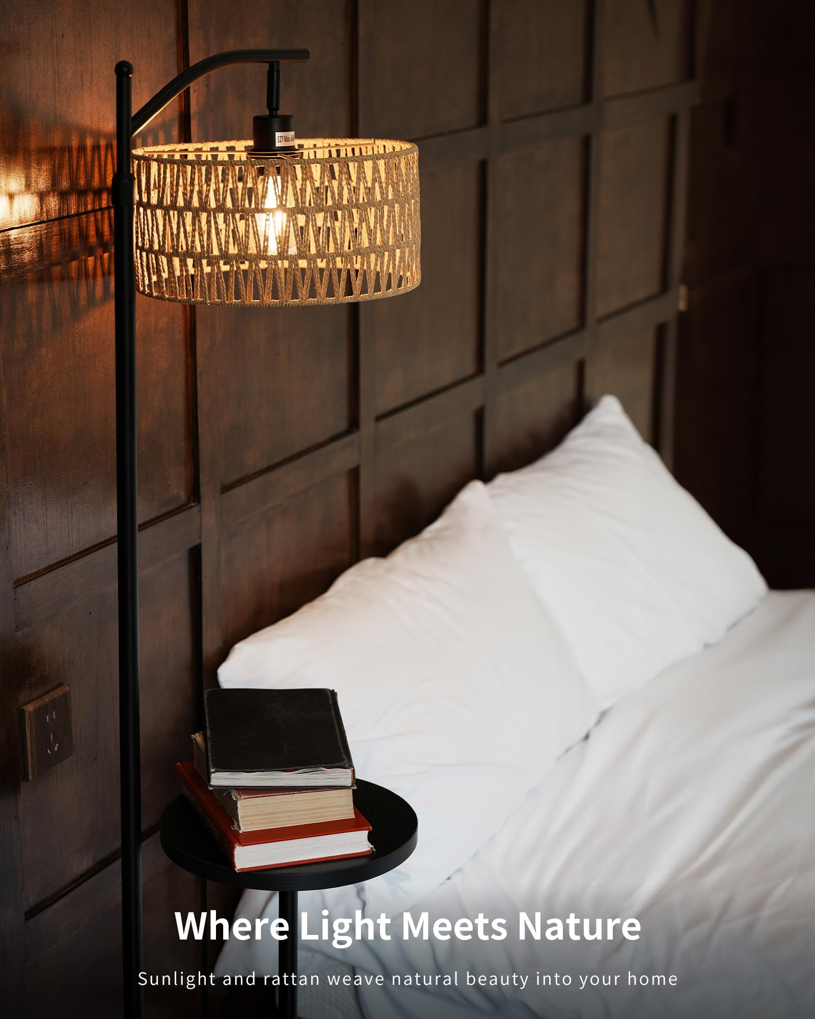 LuminexDesigns Stehlampe Wohnzimmer Vintage Rattan - Stehleuchte Schwarz Retro E27 mit Ablage Höhenverstellbar 176CM Boho Standleuchte mit 2M Kabel Fußschalter Beige Standlampe für Schlafzimmer 3