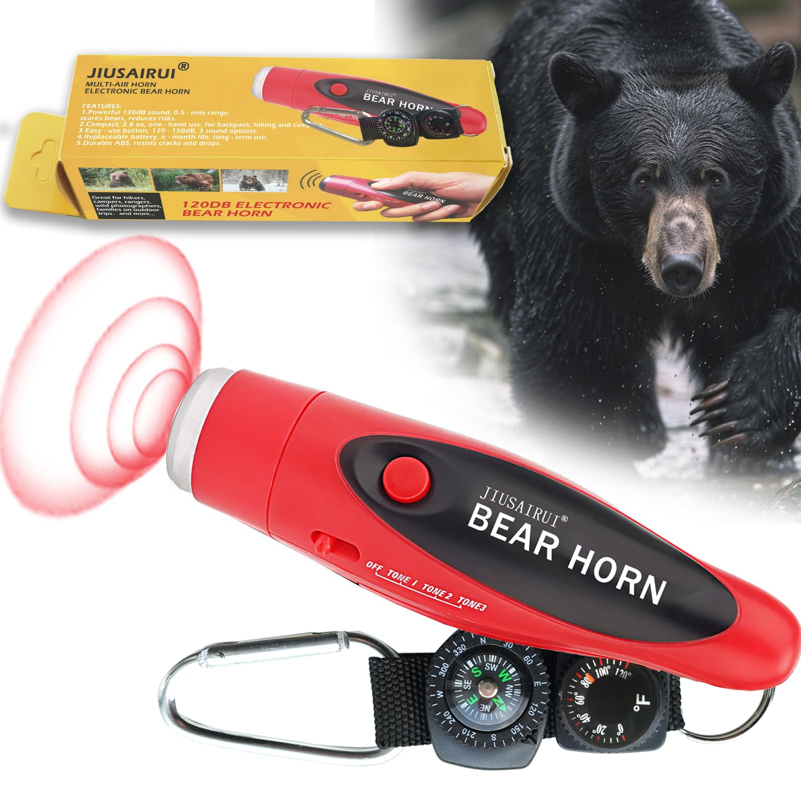 Photo 1 of JIUSAIRUI 120dB Electronic Air Horn with Compass & Thermometer- Bear Horn to Scare Bears - Self Defense for Hiking