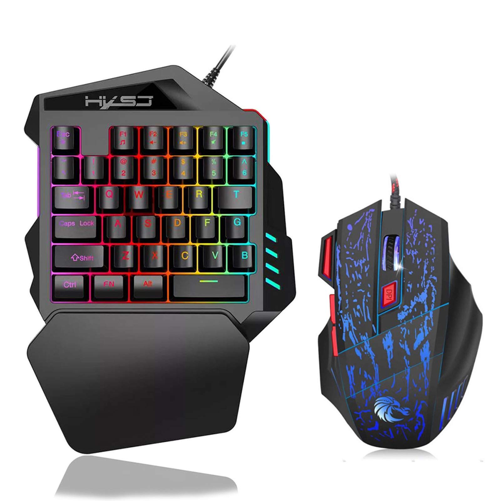 Docooler Single Handed Gaming Keyboard and Mouse Combo LED Backlight Wired Gaming Mouse with Breathing Light 5500 Movement Speed 7 Button from HXSJ