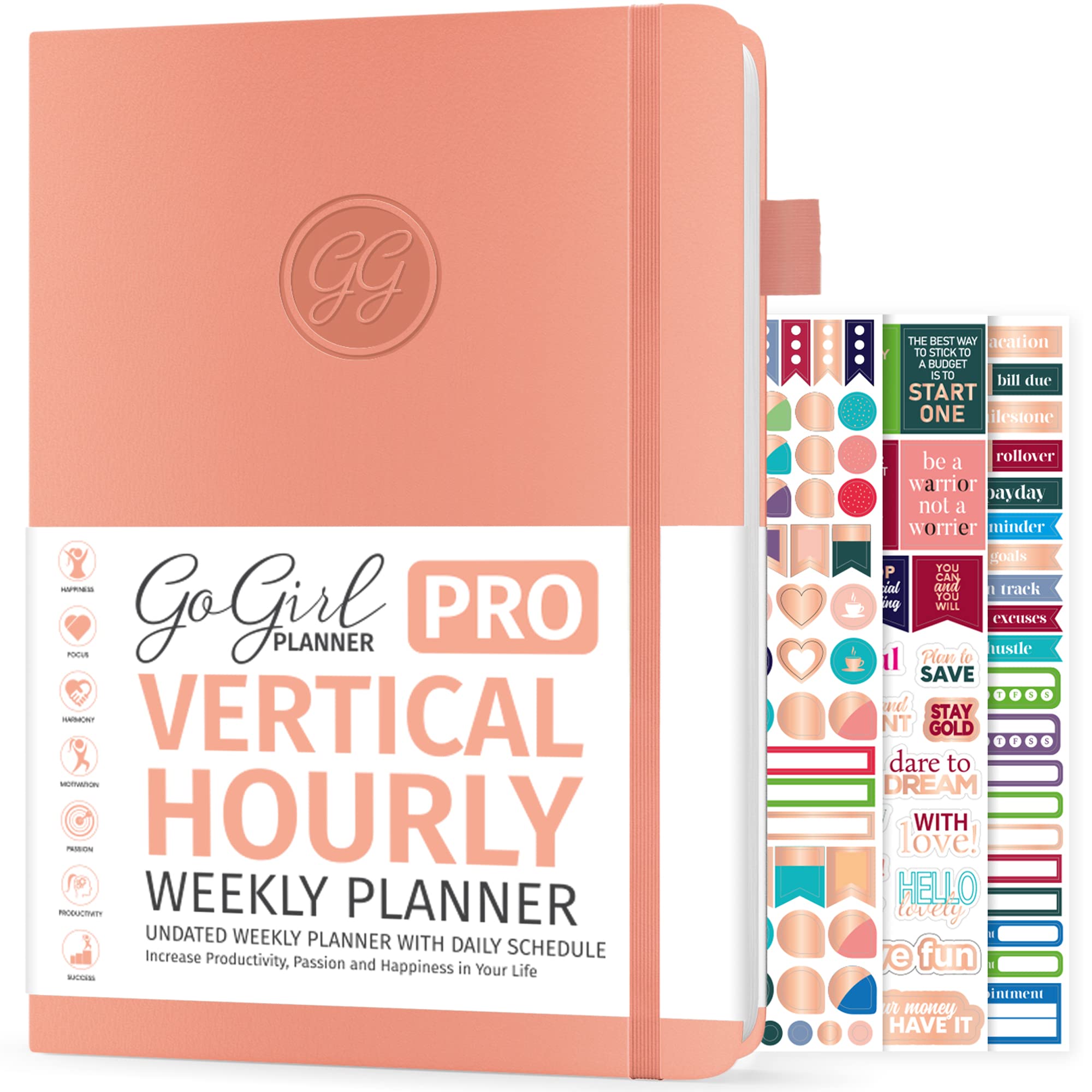 GoGirl Planner PRO Schedule - Undated Planner with Hourly Time Slots, Monthly, Weekly & Daily Organizer, Appointment Book for time Management, 18 x 25.5cm, Hardcover, Lasts 1 Year - Peach Pink