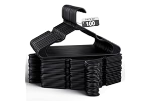 Our Modern Space 100 Pack Adult Plastic Hanger for Shirt Pants Coats Dresses Skirts Suits Jackets - Standard Thick Coat Hanger - Sturdy & Durable Design with Shoulder Grooves Hook - Black