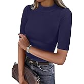 ANRABESS Womens Tops Mock Neck Half Sleeve Shirts Ribbed Knit Slim Fit Basic Tee 2026 Summer Fall Dressy Casual T-Shirts