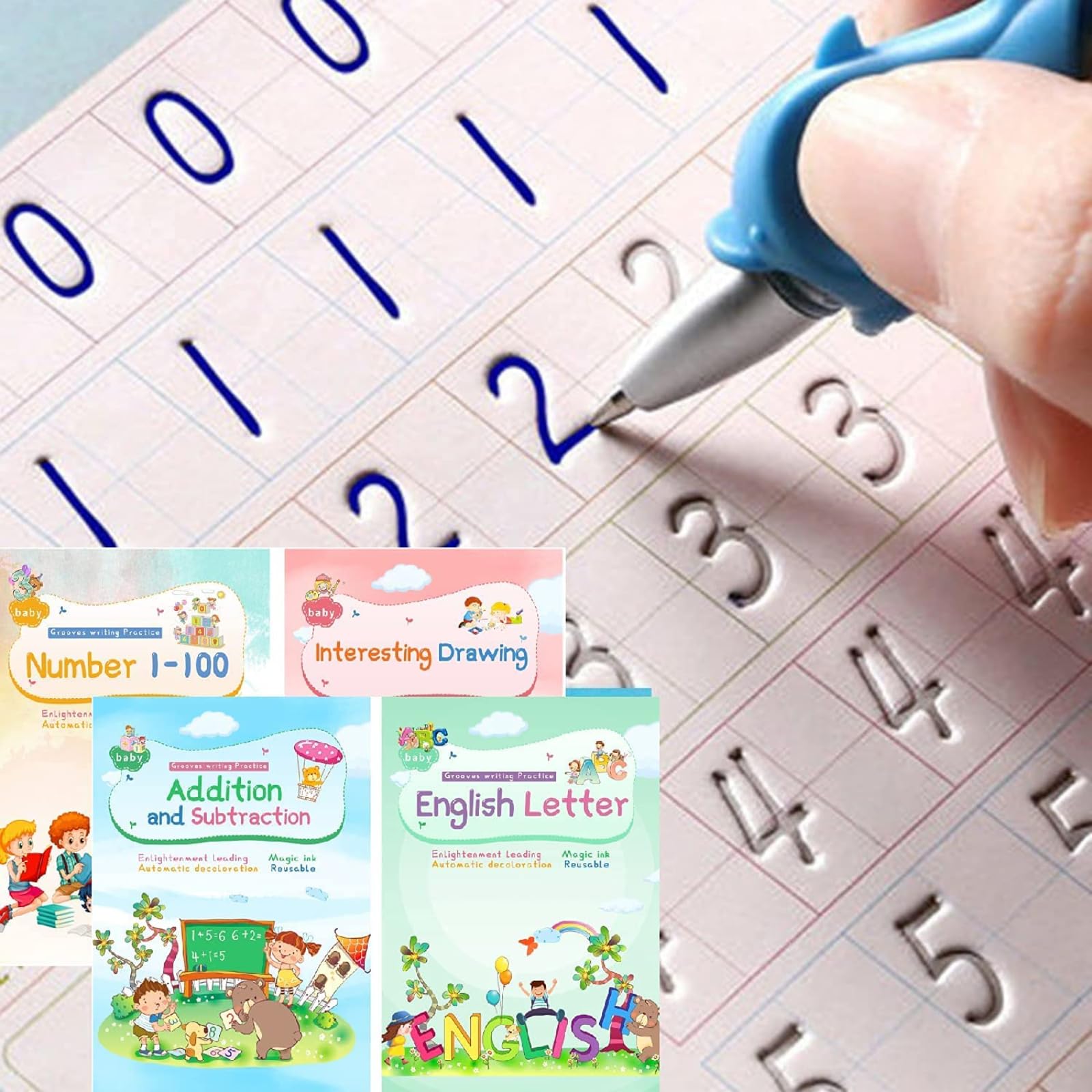 Photo 1 of Magic Ink Copybooks for Kids Reusable Handwriting Workbooks for Preschools Grooves Template Design and Handwriting Aid Practice for Kids The Print Writing