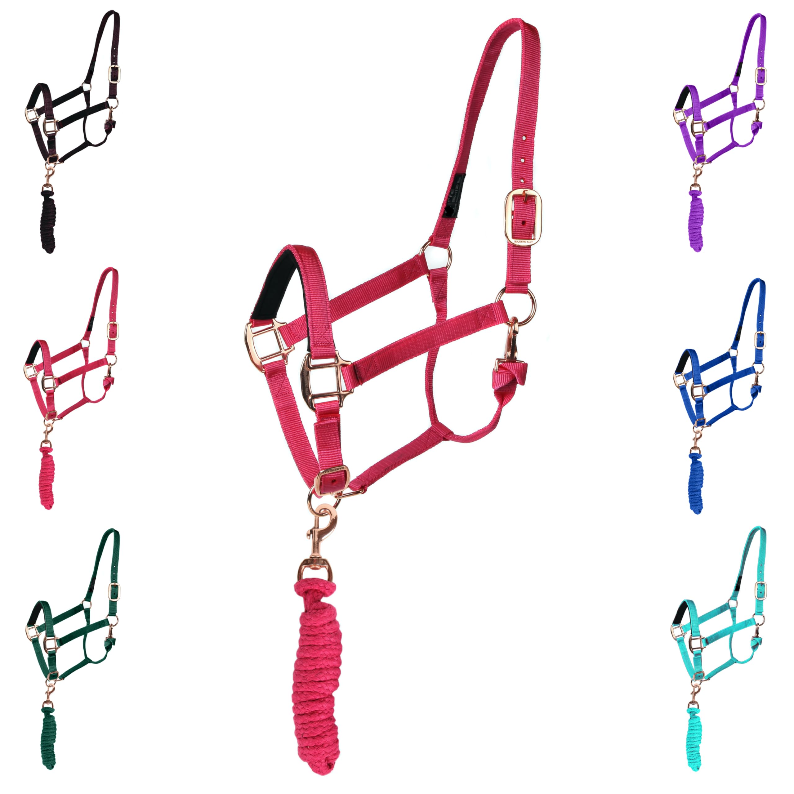 Majestic Ally HeadCollar Halter with Matching Lead Rope for Horses–Adjustable Chin and Crown– Replaceable Snap–Padded Noseband– Rose Gold Finish Hardware–Full (Hot Pink, Full)