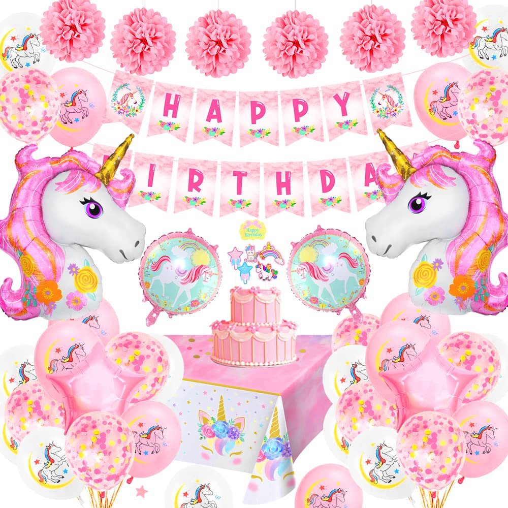 TOLOYE Pink Unicorn Birthday Decoration Set with Banner, Latex Confetti, 3D Foil Balloons, Pompoms - Pastel Unicorn Party Supplies for Baby Girl Teens