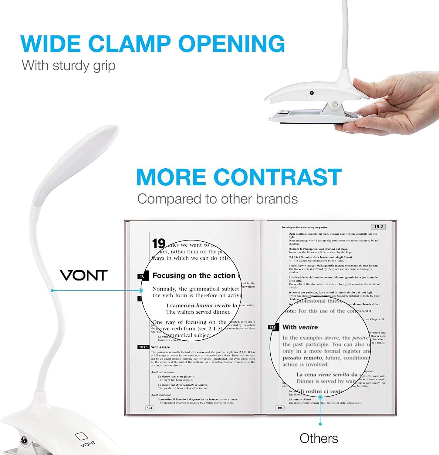 LED Clip On Reading Light, Book Light, 16 Individual Eye Protection LEDs, 3 Brightness Levels, USB Rechargeable, Reading Lamp with Slick Touch Control, Perfect for Reading in Bed - Vont: Home Improvement
