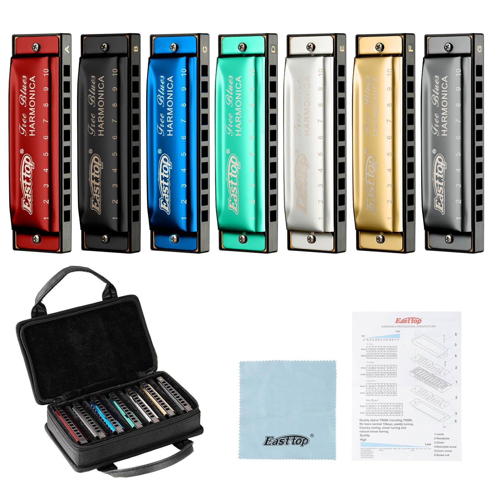 East top Diatonic Harmonica Set of 7, 10 Holes Blues Harmonica T003 Mouth Organ set, A, B, C, D, E, F and G key harmonicas for Adults, Beginner, Professionals and Students as Gift